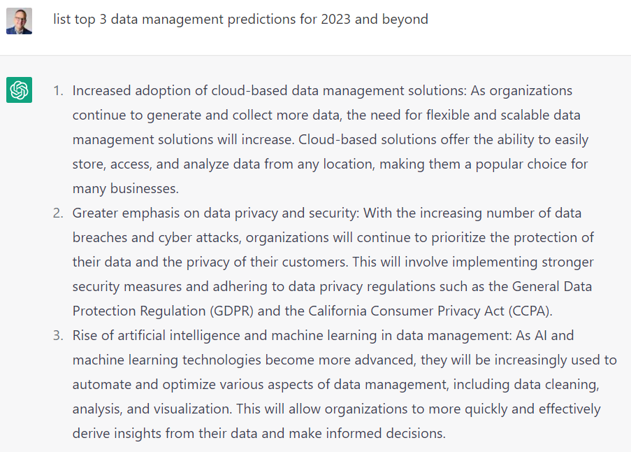 ChatGPT data management predictions 2023 and beyond